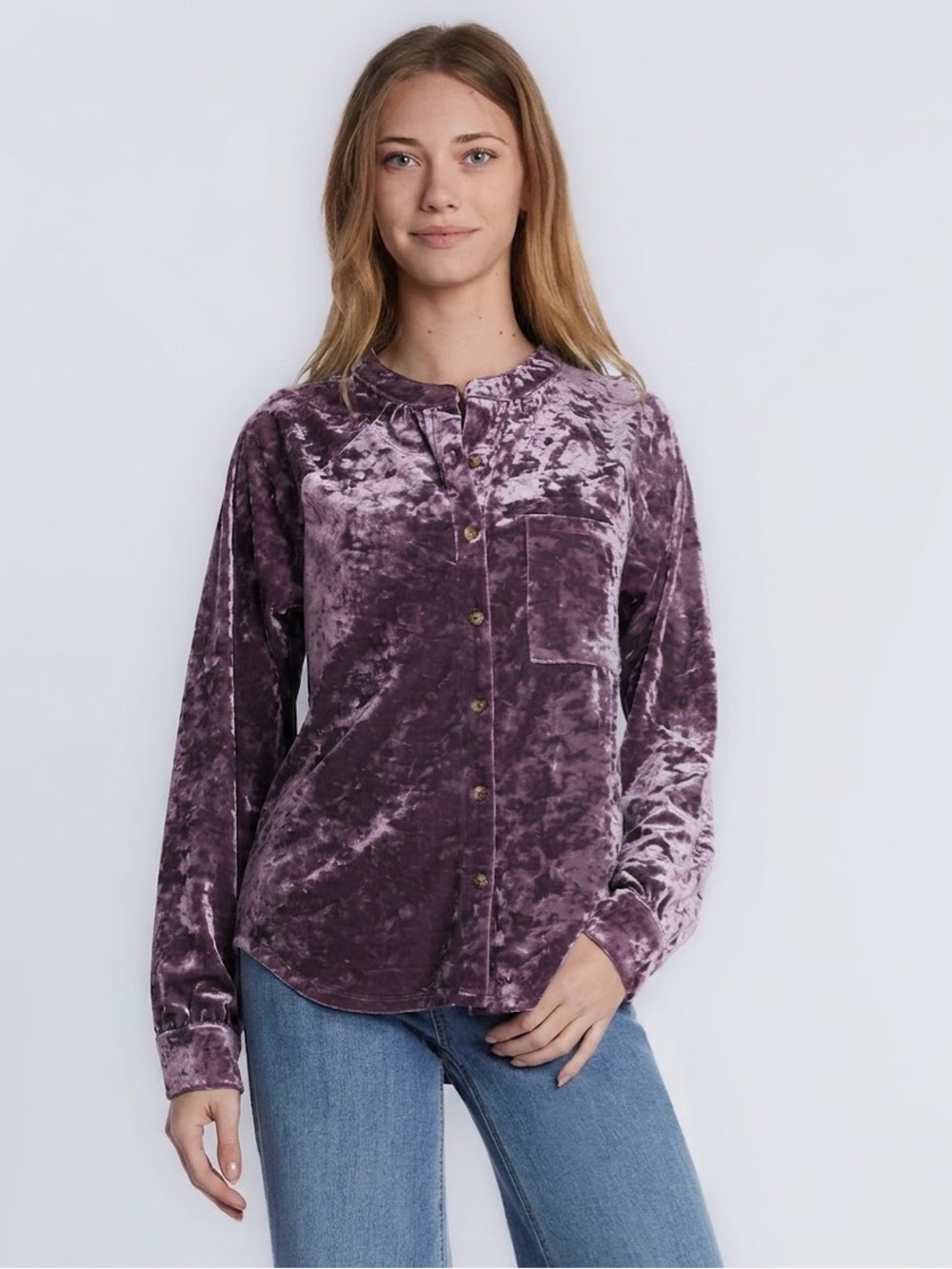 NWT Billy T Purple Pleasant Long Sleeve Button Top Blouse Top Velvet Size Small